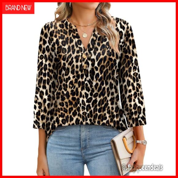 3/4 Sleeve V-Neck Button Down Blouse, Loose Fit, Polyester Spandex Blend - Picture 3 of 6